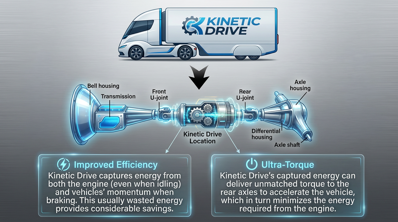 Kinetic Drive system diagram showing drivetrain components including bell housing, transmission, front U-joint, Kinetic Drive location, rear U-joint, differential housing, axle housing, and axle shaft